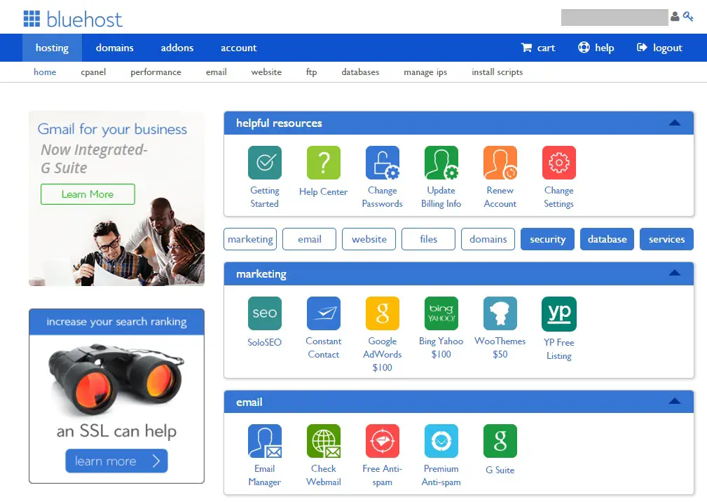 Bluehost Control Panel