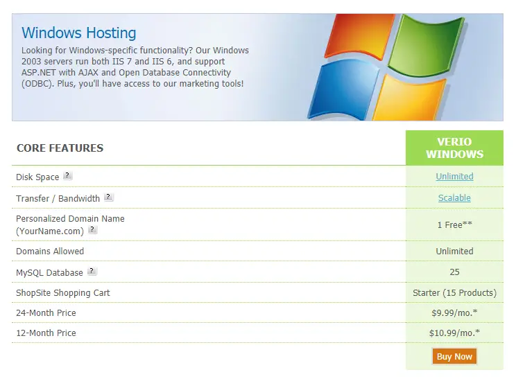 Verio Windows hosting plan