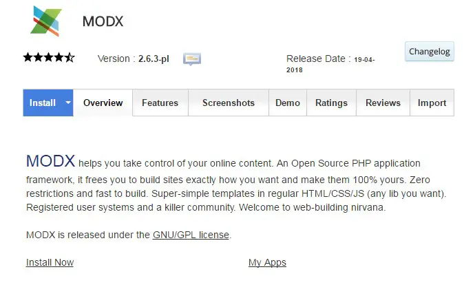 ‘MODX’ overview page