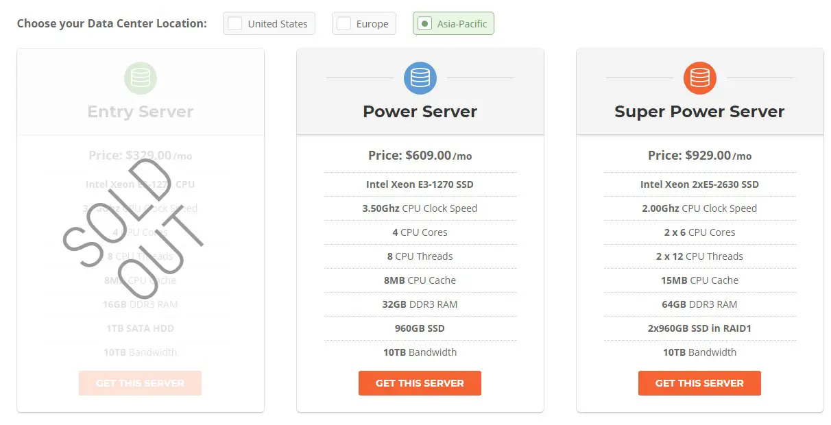 SiteGround Dedicated Hosting Plans for the Asian server