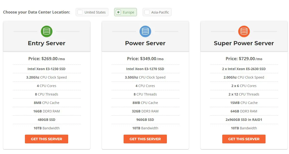 SiteGround Dedicated Hosting Plans for the European server