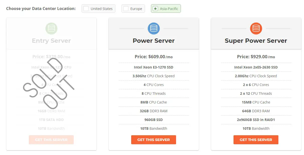 SiteGround Dedicated Hosting plans (Asia-Pacific)