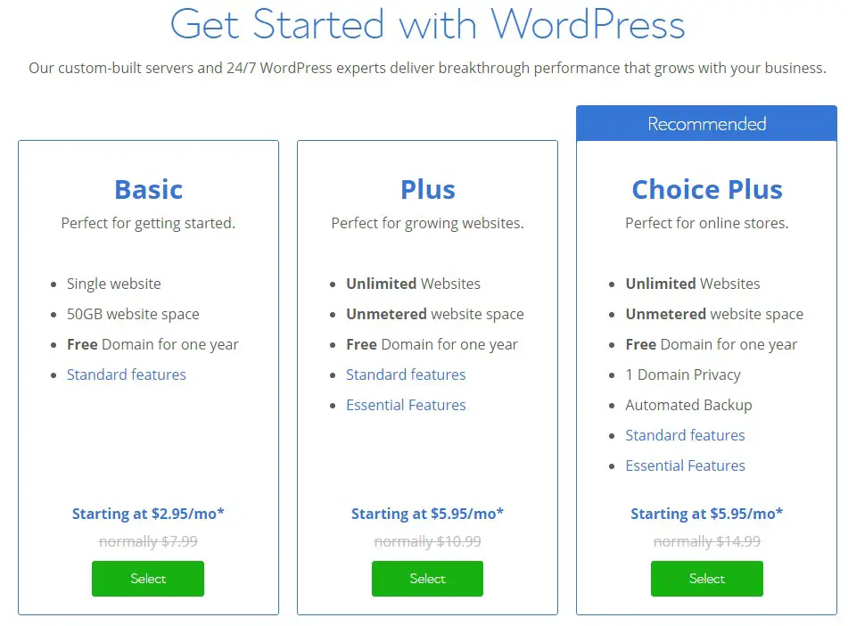 WordPress Hosting plans Bluehost